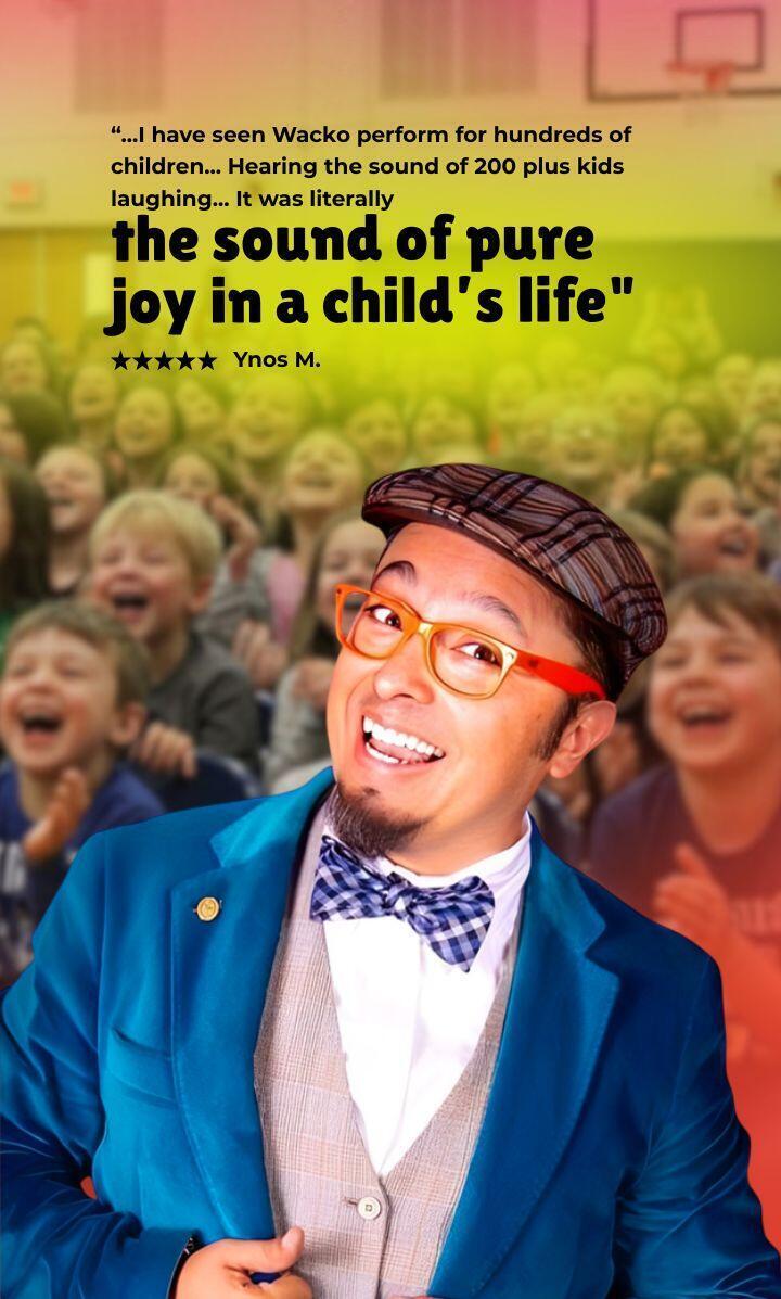 Wacko performing for a school assembly, vertical view